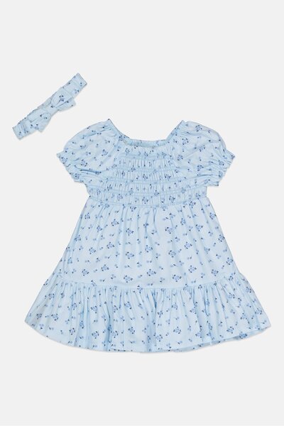 Willow & Whistle Toddlers Girl Floral Print Dress With Headband, Multicolor