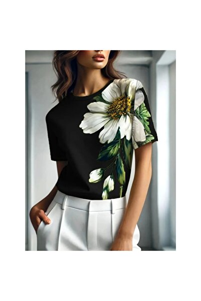 Melek Moda Women's Short Sleeve Crew Neck Floral Printed Single Jersey Blouse