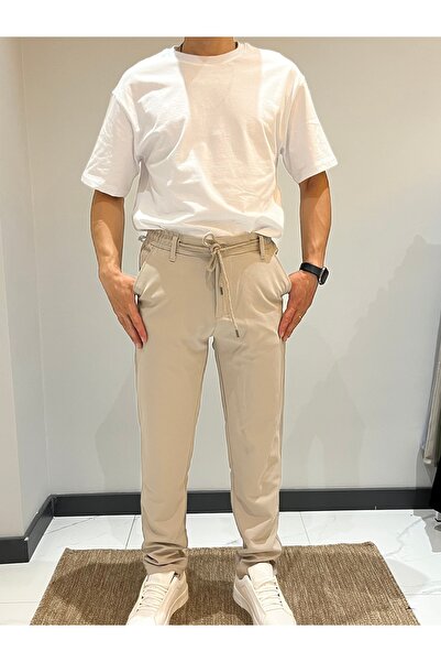 ATKGİYİM Erkek jogger pantolon bez atak düz kumaş bel lastikli ve kemerli