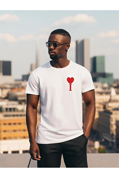 Free Tarz تي شيرت أبيض مطبوع عليه حرف I على شكل قلب