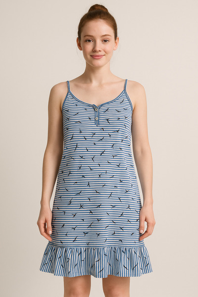 Fenne Rochie de damă cu bretele, cu dungi albastre și model de păsări – Rochie confortabilă cu detaliu cu volane