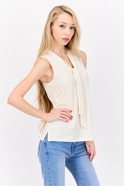 Anne Klein Women Tie Neck Plain Tank Top, Off White