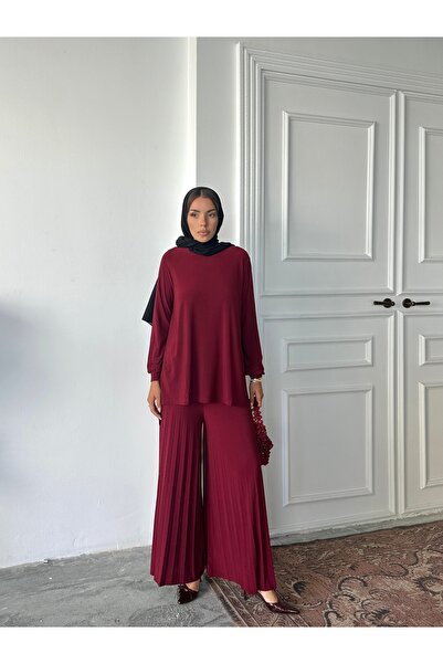 Genel Markalar Tesettür Piliseli Pantolon Tunik Sandy İkili Takım