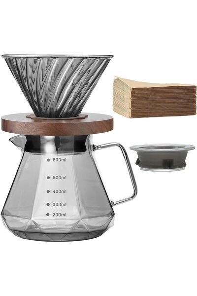 erorex Pour Over Coffee Maker, 20 Oz Borosilicate Glass Carafe 100 Pcs V60 Paper Filter, Walnut Handle &
