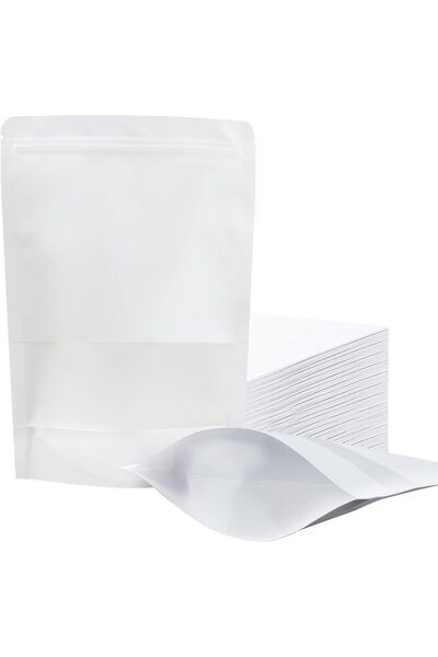 erorex 12 Pieces Kraft Paper Bags Matte Window, Zipper Lock Food Storage Sealable Bag Size 16X20Cm White