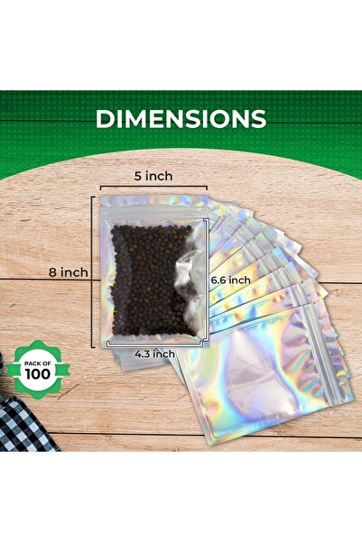 erorex 100 Pack Resealable Mylar Bags, Aluminum Foil Plastic Bag, For Food Storage (5X8 Inch, Holographic)