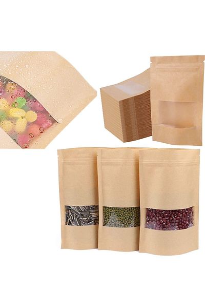 erorex Kraft Paper Pouch, Reusable Grip Food Seal Bags, Kraft Zip Lock Stand Up Bags Pouches Matte Window,