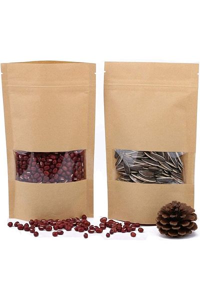 erorex Kraft Paper Pouch, Reusable Grip Food Seal Bags, Kraft Zip Lock Stand Up Bags Pouches Matte Window,