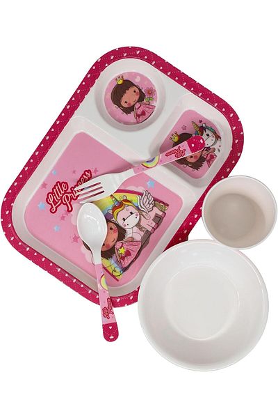 erorex Melamine Kids 5 Pcs Set 11" Rect Plate, 5.5" Bowl, 3.2" X 2.2" Tumbler, 6.3" Kids Spoon & 6.3" Kids