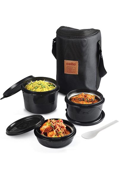 erorex Max Fresh Click Lunch Box Set Bag, 3 Containers, 300Ml, Black | Outer Plastic & Inner Stainless