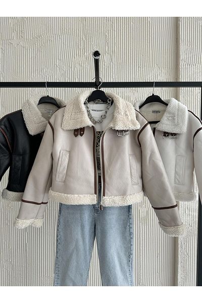 FERZOLAİO Stone Leather Jacket with Fur Detail
