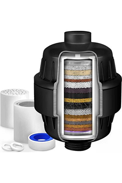 Elindor Filtru de apă pentru duș, 20 de etape de filtrare, debit ridicat, îndepărtează impuritățile, metalele și clorul, negru