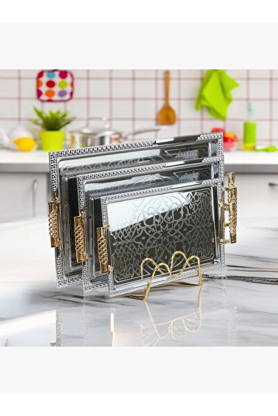 rexa طقم تاباسي أنيق من الفولاذ المقاوم للصدأ باللون الفضي بمقبض ذهبي، 3 قطع