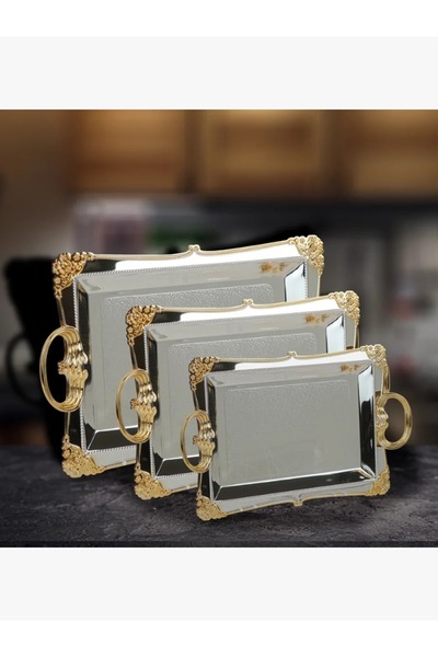 rexa طقم تاباسي من الستانلس ستيل أنيق وعصري - فضي بحواف ذهبية - 3 قطع