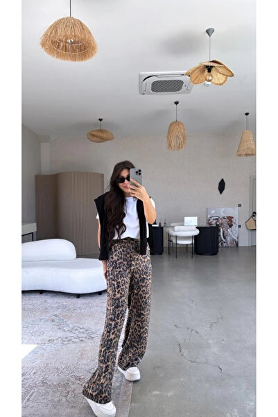 MODA Women's Satin Fabric Leopard Patterned Trousers
