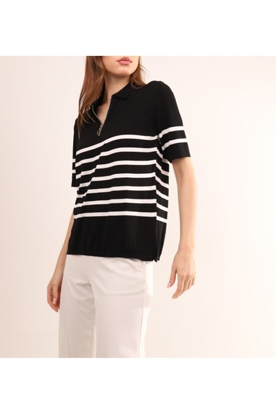 Butik Şans Short Sleeve Stripe Detailed Zippered Knitwear Blouse Sweater