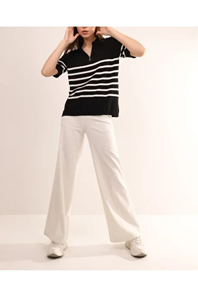 Butik Şans Short Sleeve Stripe Detailed Zippered Knitwear Blouse Sweater