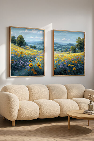 STARYUNA Ahşap Çerçeveli Çiçek Tarlası Yağlıboya Efektli İkili Tablo Seti, Sa...