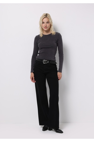 Colin's Slim Fit Yuvarlak Yaka Düz Kadın Antrasit Uzun Kol Tişört