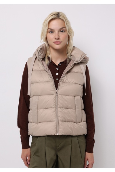 Colin's Regular Fit Hooded Zippered Lined Detachable Hooded Women's Beige Vest