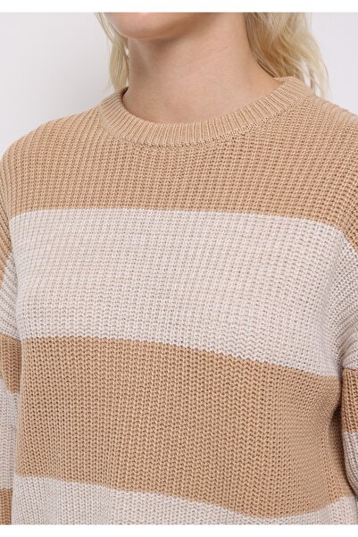 Colin's Regular Fit Yuvarlak Yaka Çizgili Kadın Bej Kazak