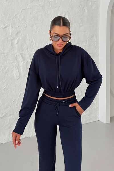 MODAGEN Women's Navy Blue Elastic Waist Hooded Crop Top and Bottom Tracksuit Set