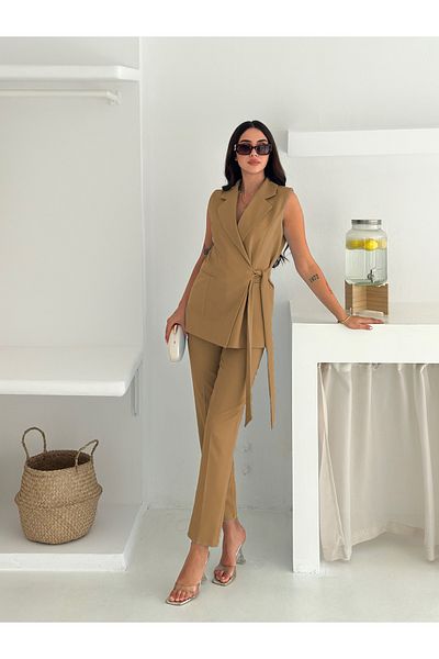 diaves Mink Blue Belted Vest Belted Carrot Trousers Woven Fabric Double Suit