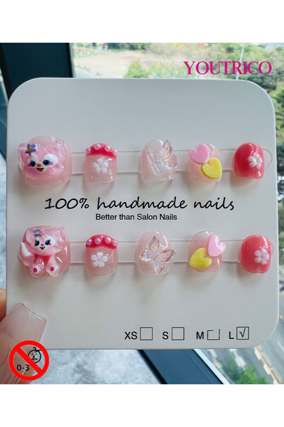 Youtrico Kids Press-on Nails - 100% Handmade Non-Toxic Safe for Ages 3+ Cute Green Kids' Fake Nails-L