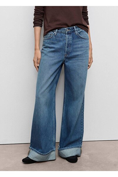 MANGO Woman Wide-leg kıvrık paçalı jean pantolon