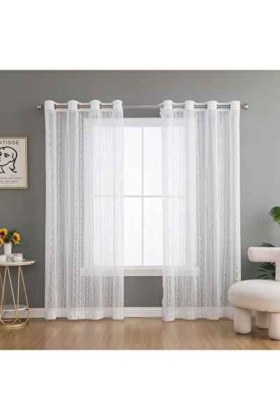 OEM Perdele glisante cu dantelă albă, brodată, semitransparente, cu ochiuri, set de 2, H225 x L140 cm