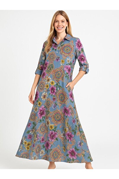 Butik İtalyan Keten Çiçek Desenli Elbise - MAVİ