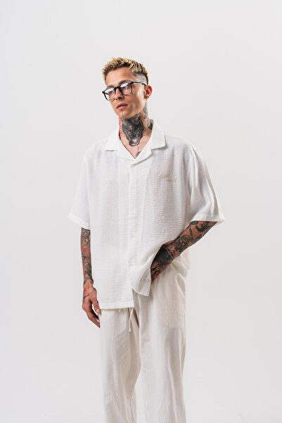 Respire Men's Star Embroidered Oversize Shirt White