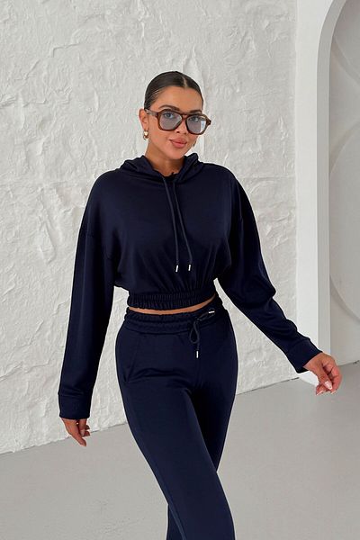 MODAGEN Women's Navy Blue Elastic Waist Hooded Crop Top and Bottom Tracksuit Set