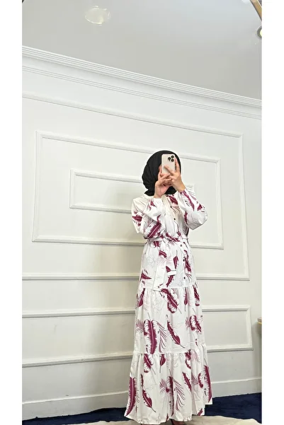 RACE FASHİON Leaf Pattern Jesica Fabric Waist Belted Long Dress Rc1067