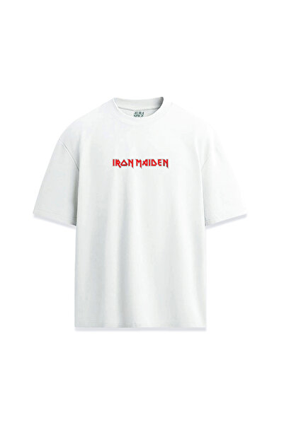 Darkia تي شيرت مريح للجنسين بتصميم Iron Maiden Minimal Red Written Design