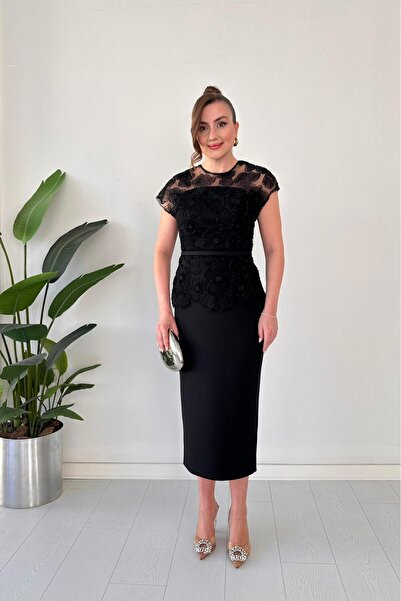 MaziButik Boncuk İşleme Tasarım Elbise Siyah