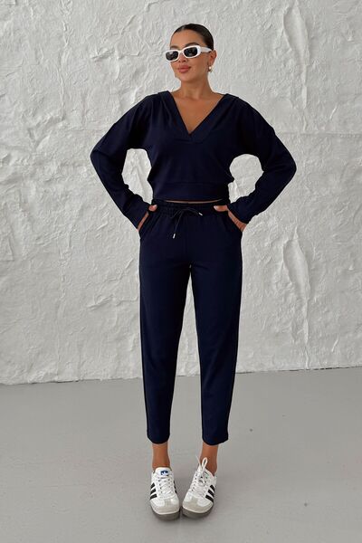 MODAGEN Women's Navy Blue V Neck Hooded Crop Tracksuit Bottom-Top Set