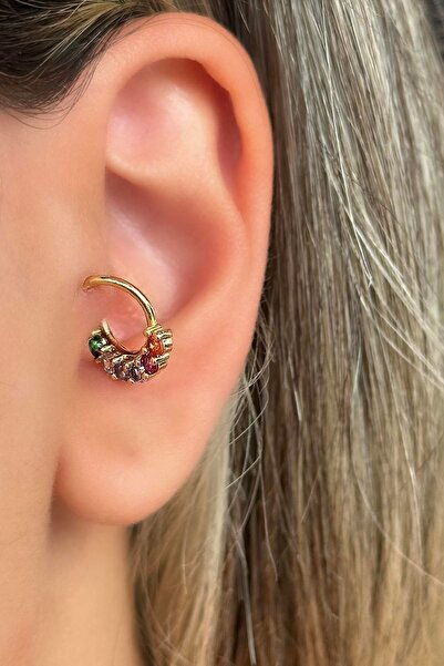 TAKIŞTIR Altın Renk Taş Detaylı Çelik Halka Tragus/Kıkırdak Küpe/Piercing (Tek)