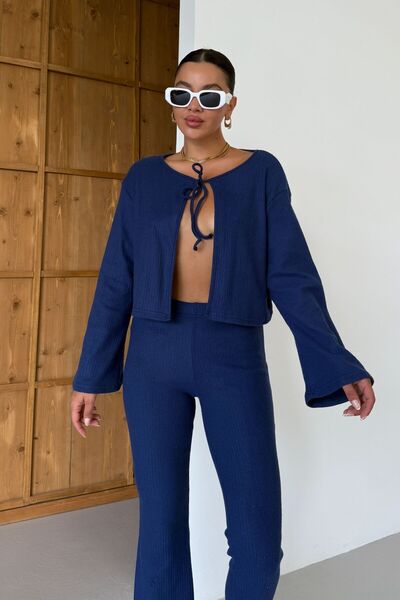 MODAGEN Women's Navy Blue Front Tie Detailed Pants Bottom-Top Set