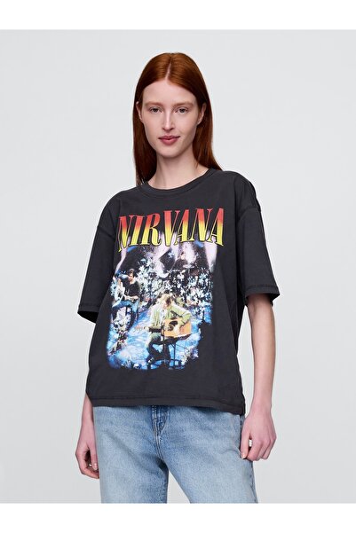 GAP Erkek Siyah Heavyweight Crop Nirvana Grafik T-Shirt