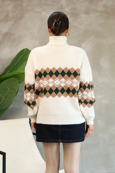 ALCHON Turtleneck Long Sleeve Ankle Elastic Loose Comfortable Wide Fit Argyle Jacquard Pattern Winter Knitwear Sweater