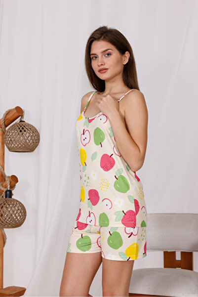 Arvin Pijama Apples Printed Soft Textured Fabric Knitted Pajama Set with String Strap Shorts