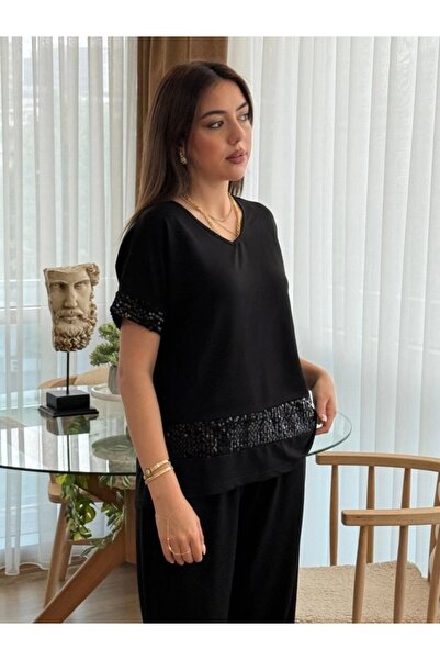 EYCAWEAR Women's Short Sleeve V-Neck Sequined Viscose Two Thread Blouse and Pants Set
