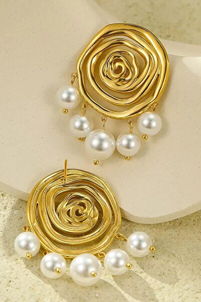 TAKIŞTIR Altın Renk İnci Detaylı Küpe (Çift)