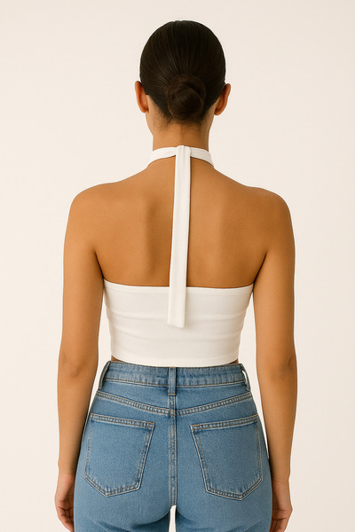 Olyssia Жіночий білий топ без бретелей з чокером, вишуканий блуз, підходить для повсякденного та особливого вбрання.