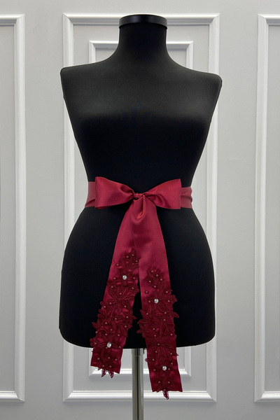 ZEYMERADE Bordo Güpürlü Gelin Kuşağı, Lüks Taş Ve İncili Gelin Kurdelesi, Gel...