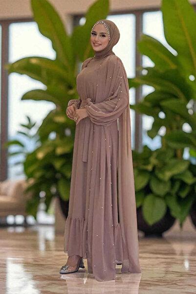 Bym Fashion Pearl Detailed Cape Dress 3973 Mink