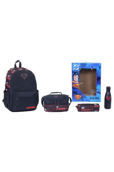 Warner Bros Super Man 4 Pcs Backpack Set with Lunch Bag, Water Bottle & Pencil Case