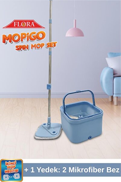 Flora Mopigo Spin Mop Set, Kare Döner Başlıklı Islak Kuru Temizlik Mop Seti (1 Yedek Bez Hediyeli) Mavi