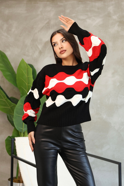 ALCHON Round Crew Neck Long Balloon Sleeve Ankle Elastic Wave Jacquard Pattern Winter Knitwear Short Sweater